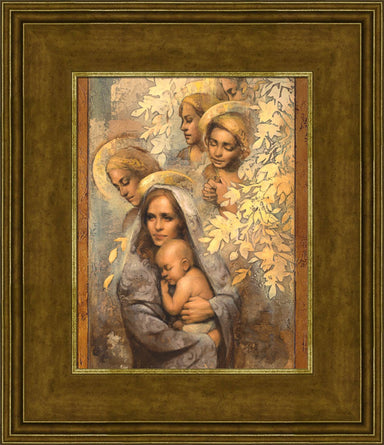 Woman holding baby while generations of angels watch from above.