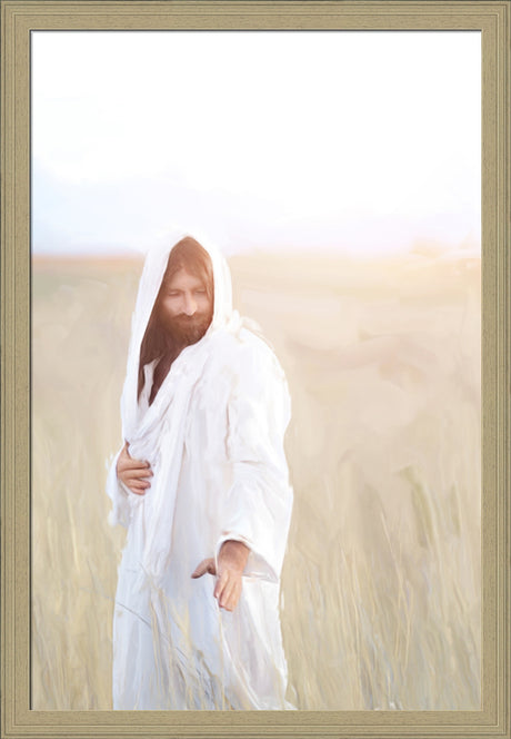 Jesus standing in a wheat field.