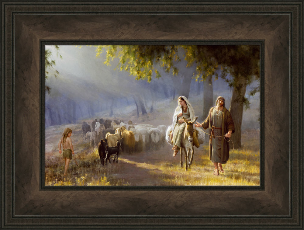 Joseph leading pregnant Mary on a donkey passing a heard of sheep. 