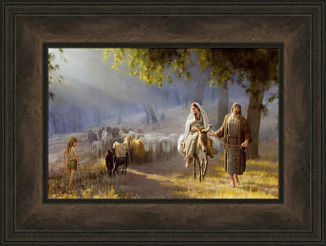 Joseph leading pregnant Mary on a donkey passing a heard of sheep. 