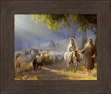 Joseph leading pregnant Mary on a donkey passing a heard of sheep. 