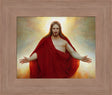 Jesus wearing a red robe with arms stretched out and light behind him.