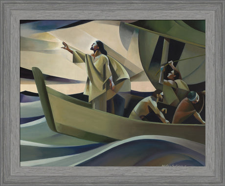 Christ calms the water threatening to overwhelm the boat.