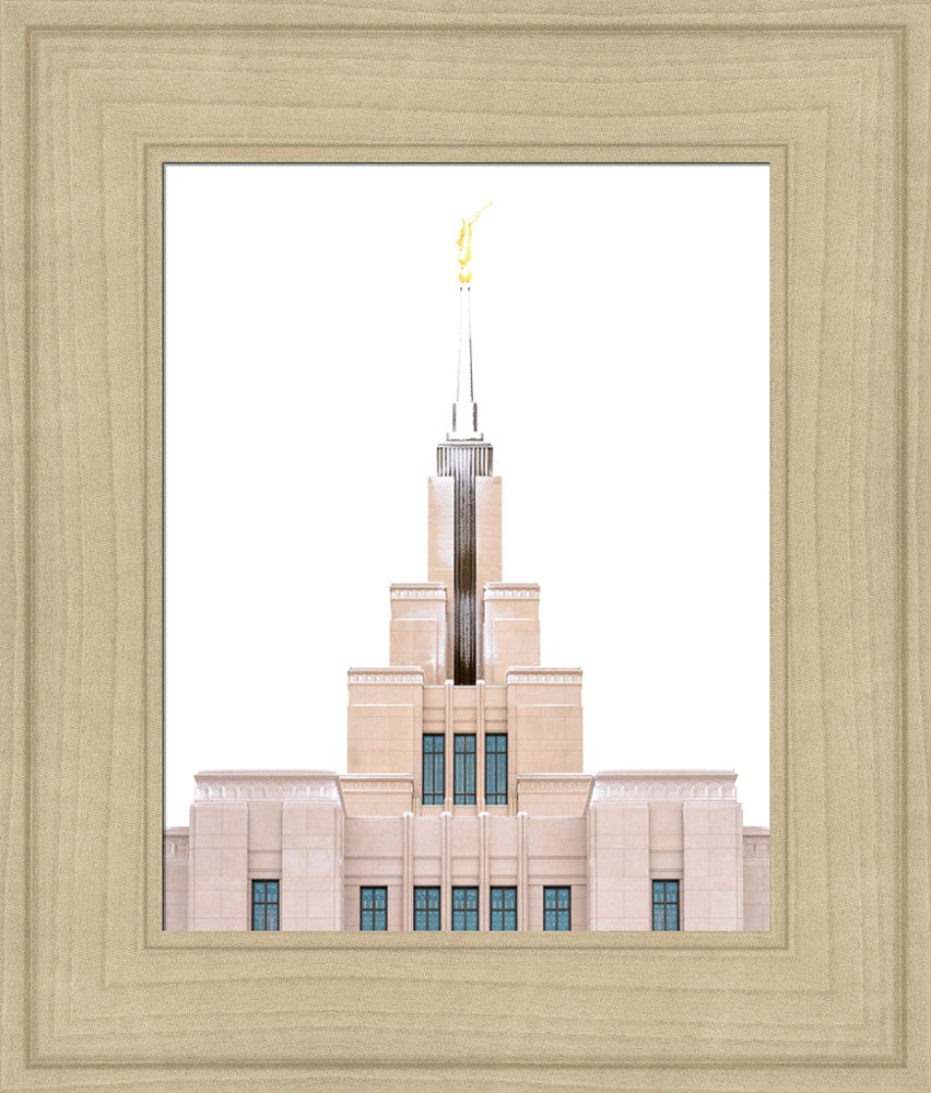 A close up of the Saratoga Springs Utah temple's spire, lightly dusted with snow.