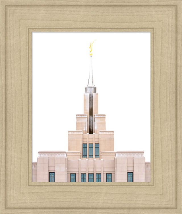 A close up of the Saratoga Springs Utah temple's spire, lightly dusted with snow.