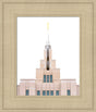 A close up of the Saratoga Springs Utah temple's spire, lightly dusted with snow.