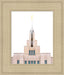 A close up of the Saratoga Springs Utah temple's spire, lightly dusted with snow.
