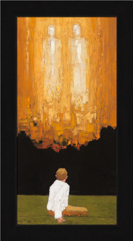 Modern painting of Joseph Smith in the sacred grove. 