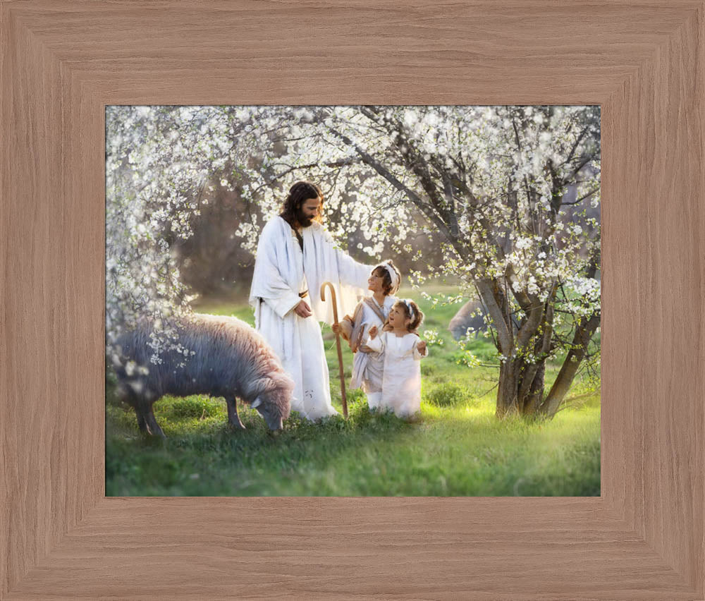 Jesus stands among sheep and spring blossoms with two child shepherds.