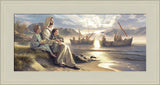 Jesus sits with boys beside the sea with fisherman and boats behind him.