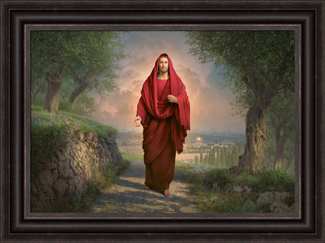 Jesus in a red robe walking along a path surrounded by pretty greenery.