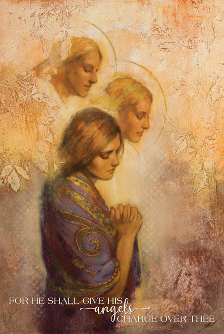 A women praying with two angels above her. 