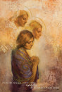 A women praying with two angels above her. 