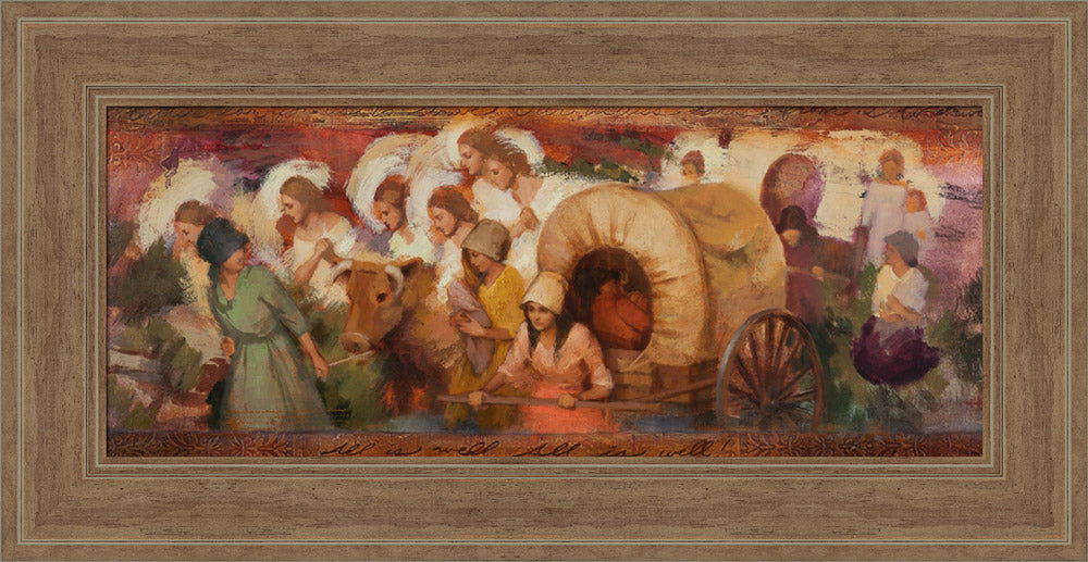 Angels helping women pioneers pull handcarts across the plains. Art 18