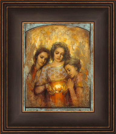 Women holding a blossom of light while two other women look at light. 