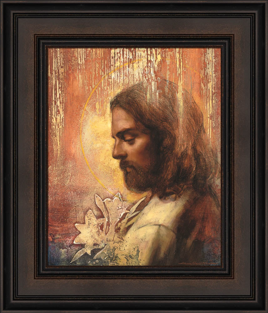 Profile portrait of Jesus Christ with lilies.