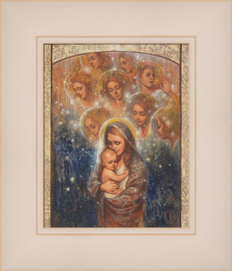 Angels watching over Mary and the new born baby Jesus. 