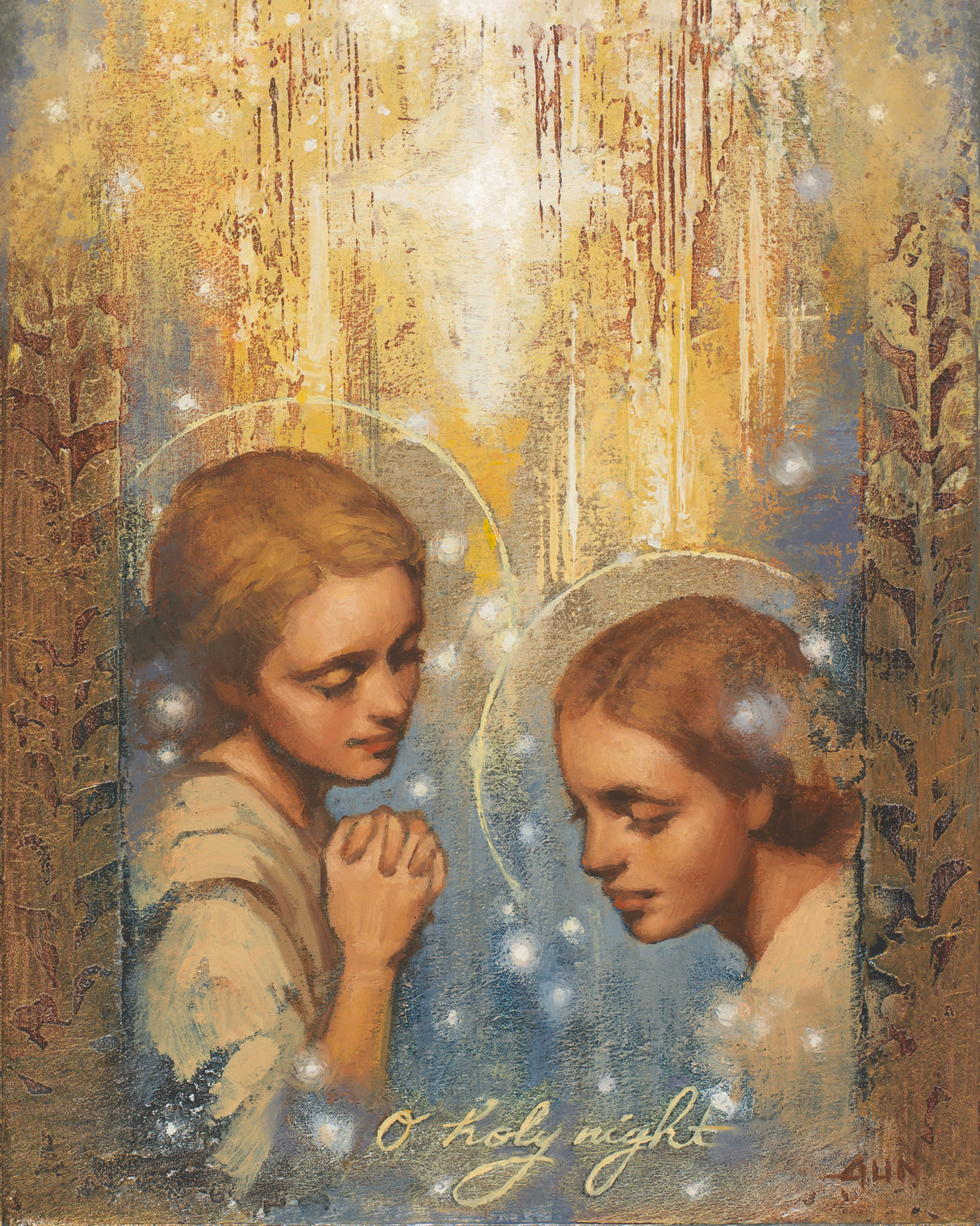 A painting of two angels with haloed heads looking down together with hands clasped in prayer, a bright star glowing behind them against a golden and blue background. The words 'O Holy Night' are written in cursive at the bottom