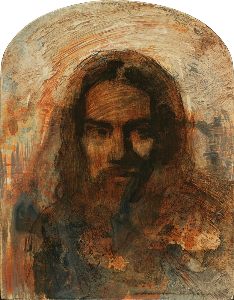 A dark, expressionistic portrait of Christ. His face painted in loose deep amber and black brushtrokes.