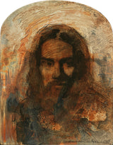 A dark, expressionistic portrait of Christ. His face painted in loose deep amber and black brushtrokes.