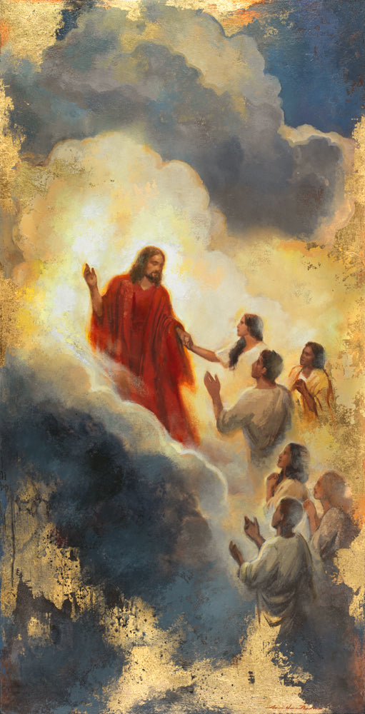 Jesus Christ standing with people in the clouds.