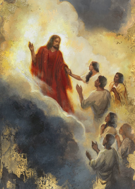 Painting of a religious scene with a central figure Jesus in red robes interacting with others on a cloud.