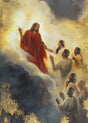 Painting of a religious scene with a central figure Jesus in red robes interacting with others on a cloud.