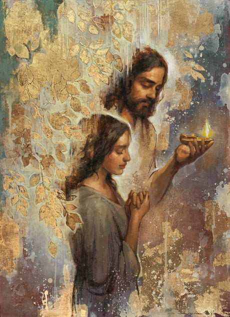 Jesus Christ holding an oil lamp with a woman praying.