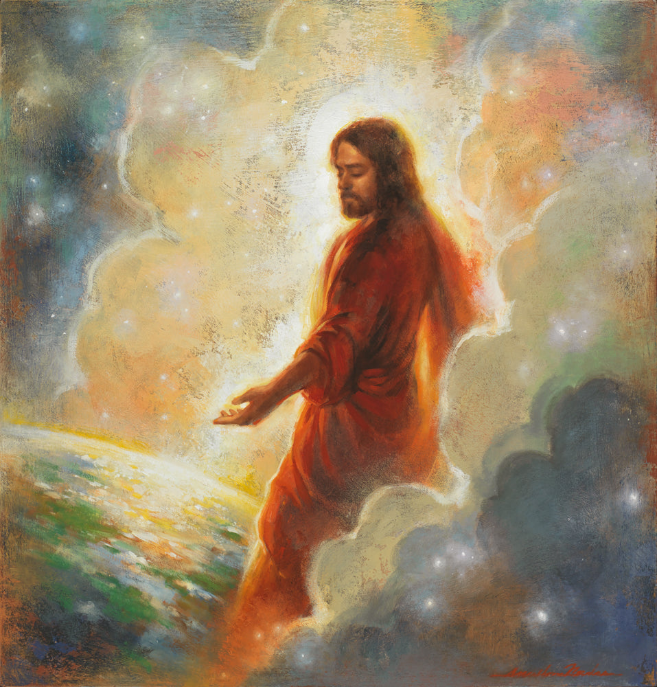 Jesus Christ in the clouds above Earth, holding out a hand.
