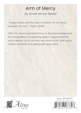 Back cover of a book titled 'Arm of Mercy' by Annie Henrie Nader with text and Altus Fine Art logo.