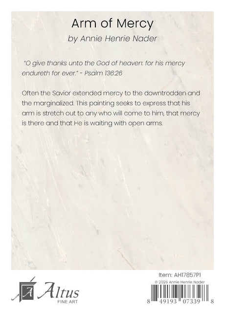 Back cover of a book titled 'Arm of Mercy' by Annie Henrie Nader with text and Altus Fine Art logo.