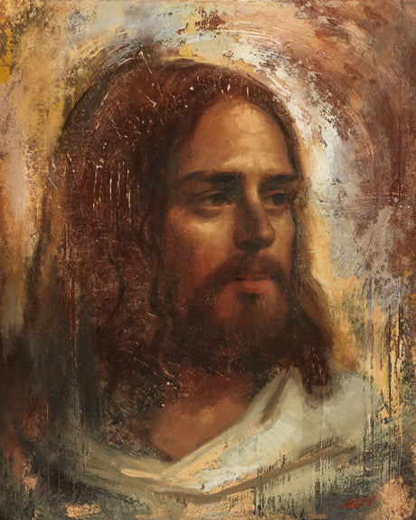 An oil painting of Christ's face and shoulders, framed by long flowing hair and a soft golden halo effect, rendered with gold leaf accents and warm brown tones