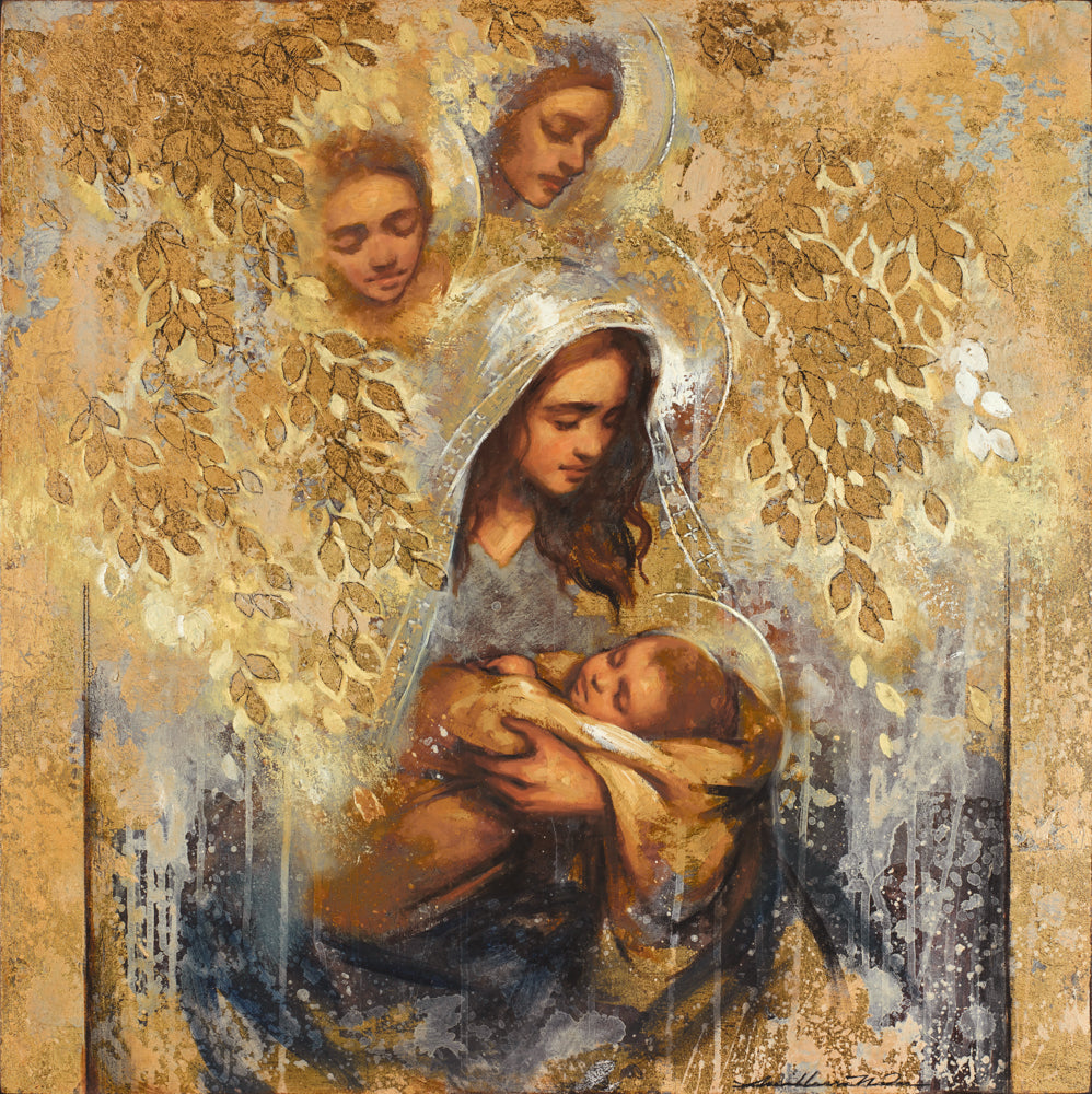 Painting of a mother in a white veil holding a sleeping infant close, with two angel faces watching over them above, set against a golden background of leaves and soft light.