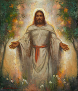 Easter painting of Christ standing in a garden with arms open wide, wearing white robes with a red sash, glowing softly with a golden halo against a background of trees and flowers.
