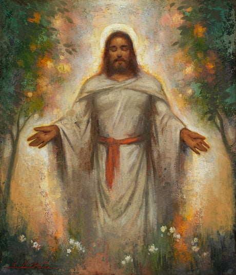 Easter painting of Christ standing in a garden with arms open wide, wearing white robes with a red sash, glowing softly with a golden halo against a background of trees and flowers.