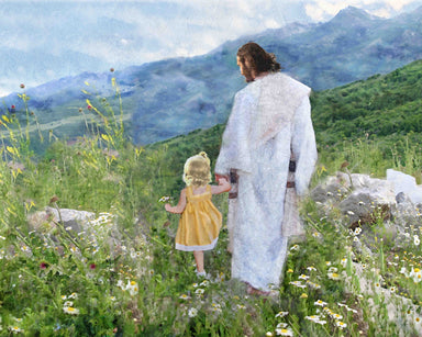 Jesus Christ holding hands with a little girl walking in nature, surrounded by mountains and flowers.