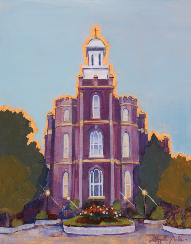 Painting looking up at the Logan Utah Temple with blue skies.