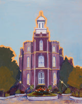 Painting looking up at the Logan Utah Temple with blue skies.