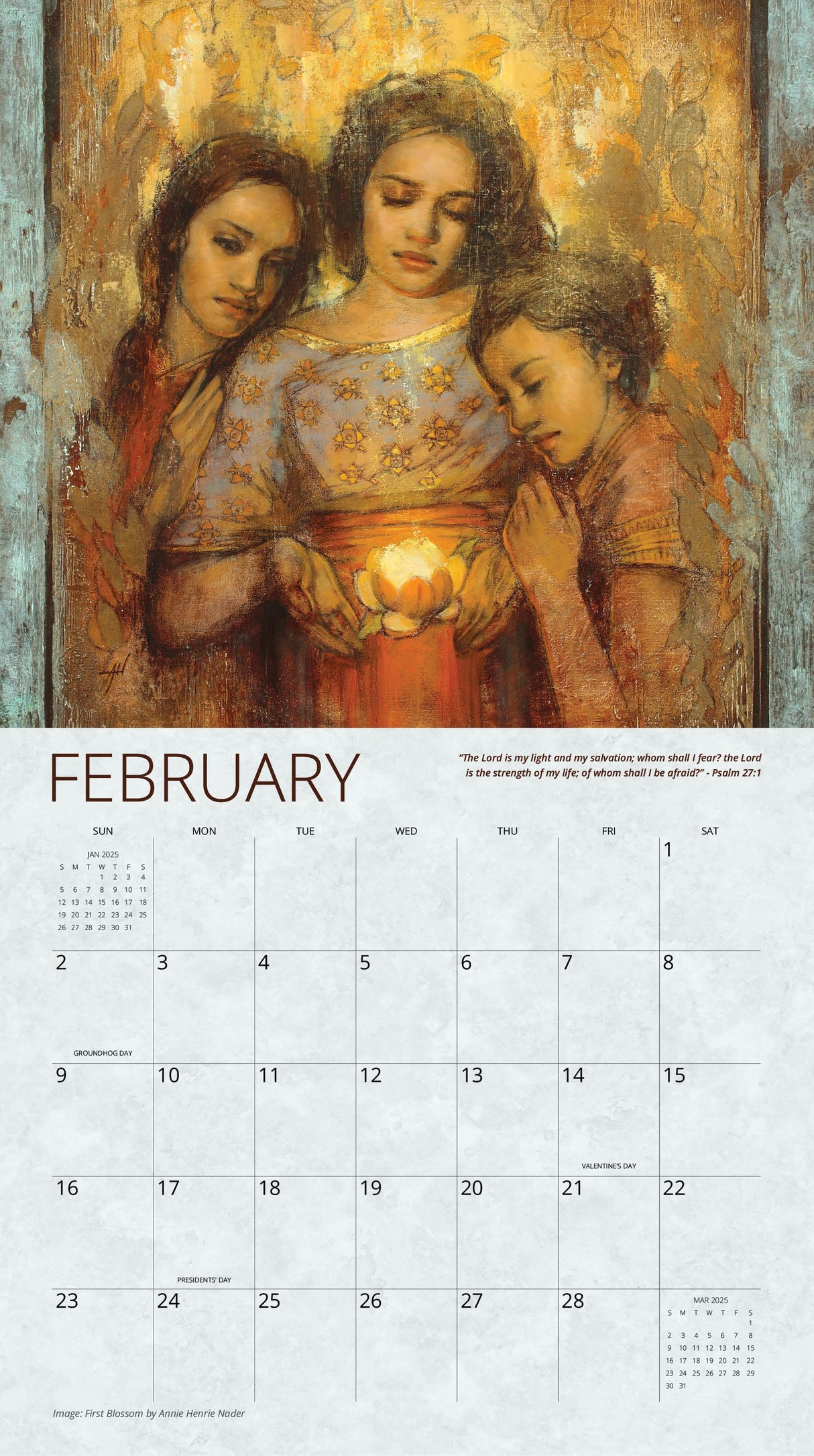 February 2025 calendar page from ‘Together With Christ’ featuring Annie Henrie Nader’s painting of three women embracing, with one holding a glowing flower.