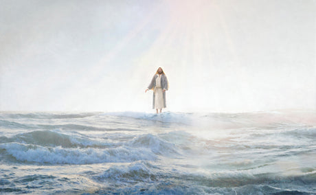 Christ walking on the water with sunlight shining down