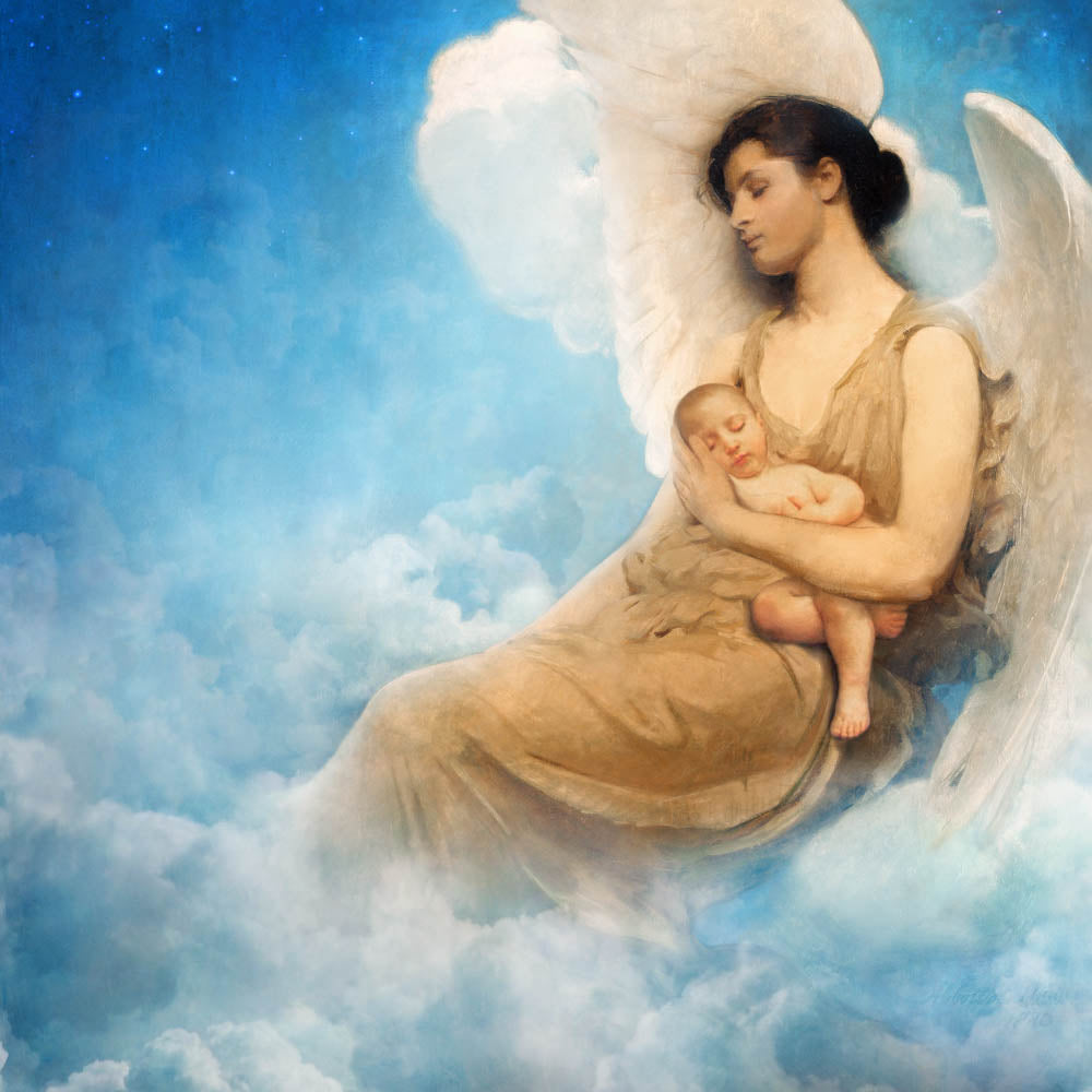 An angel woman sleeps peacefully in the clouds, holding a sleeping infant.