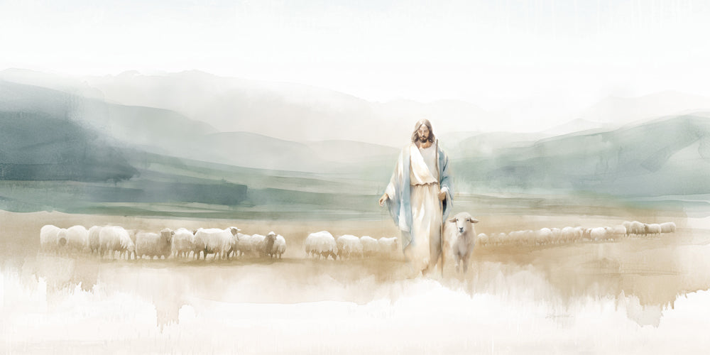 Jesus Christ with a flock of sheep.