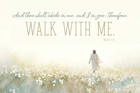 Jesus Christ walking in a field of flowers.