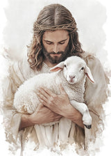 Jesus holding a lamb against a light background