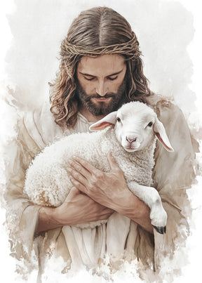 Jesus holding a lamb against a light background