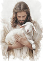 Jesus holding a lamb against a light background