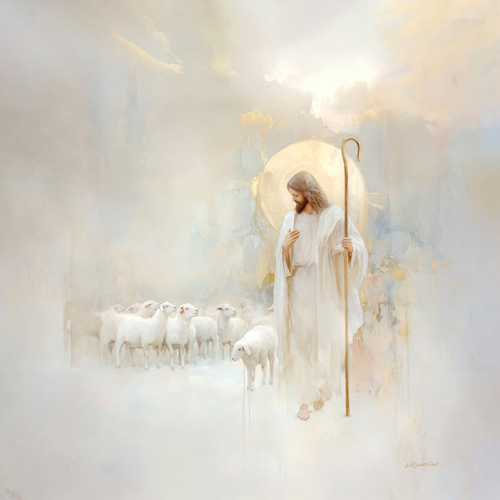 Christ as the Good Shepherd, standing with a golden staff beside a flock of white sheep, surrounded by warm light and a golden halo.