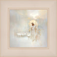 Christ as the Good Shepherd, standing with a golden staff beside a flock of white sheep, surrounded by warm light and a golden halo.