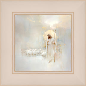 Christ as the Good Shepherd, standing with a golden staff beside a flock of white sheep, surrounded by warm light and a golden halo.