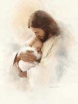 Christ in a white robe tenderly cradling a sleeping baby against his chest, rendered in warm ethereal tones that fade into a white background.
